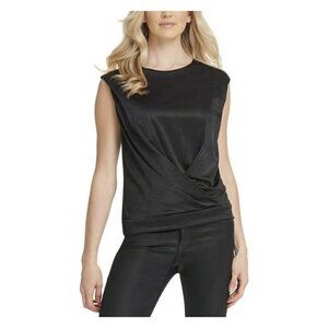 DKNY Satin Blouse Top black XSMALL Cap Sleeves Overlap Crew Neck